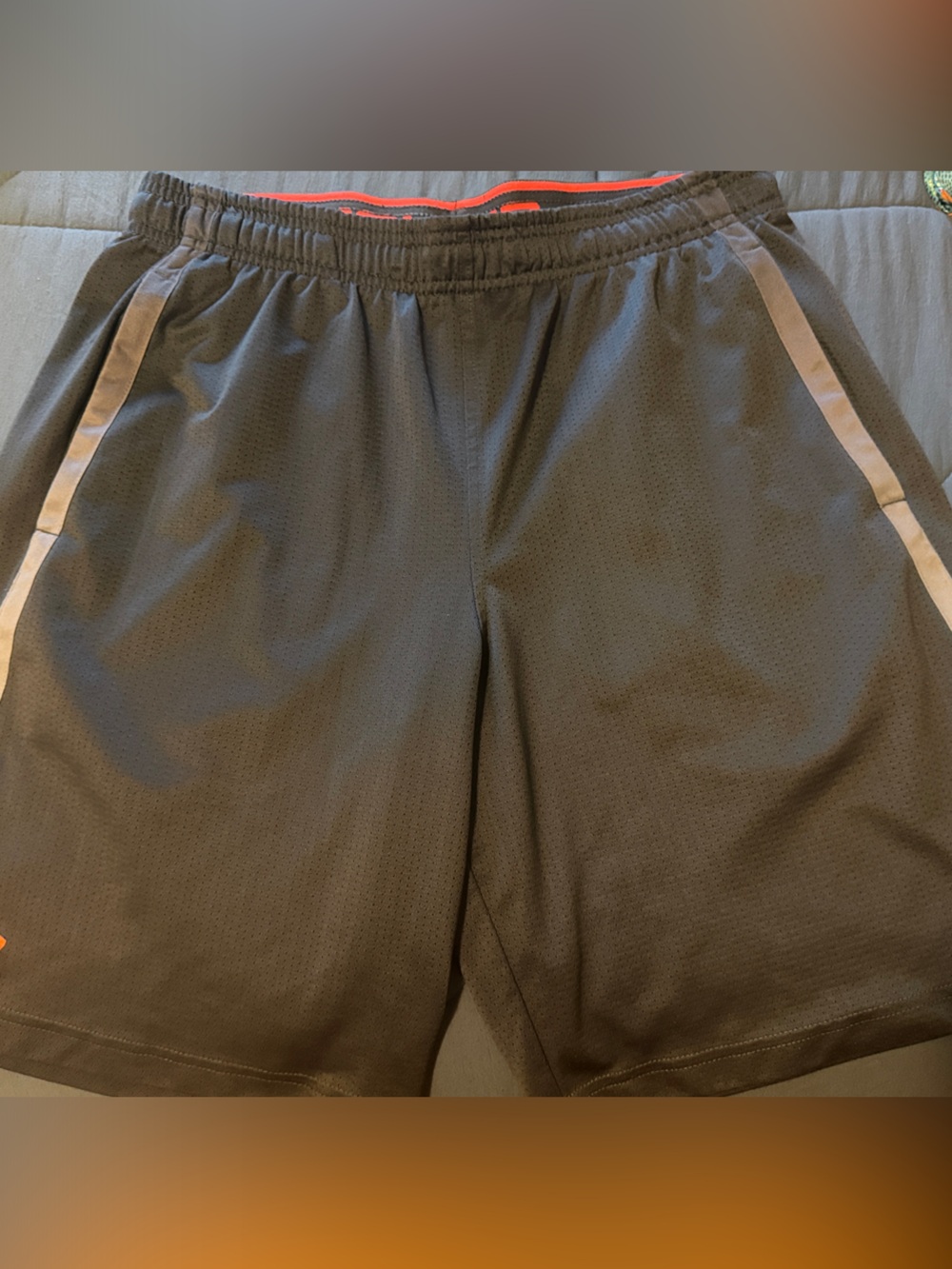 Under Armour Men's Black Athletic Shorts with Orange Logo and Gray Trim